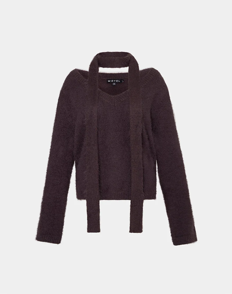 Dikara Pullover mit Schal aus braunem Strick