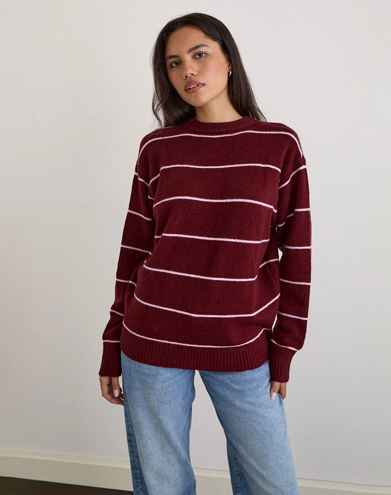 Ishari Strickpullover in Burgunderrot mit rosa Streifen