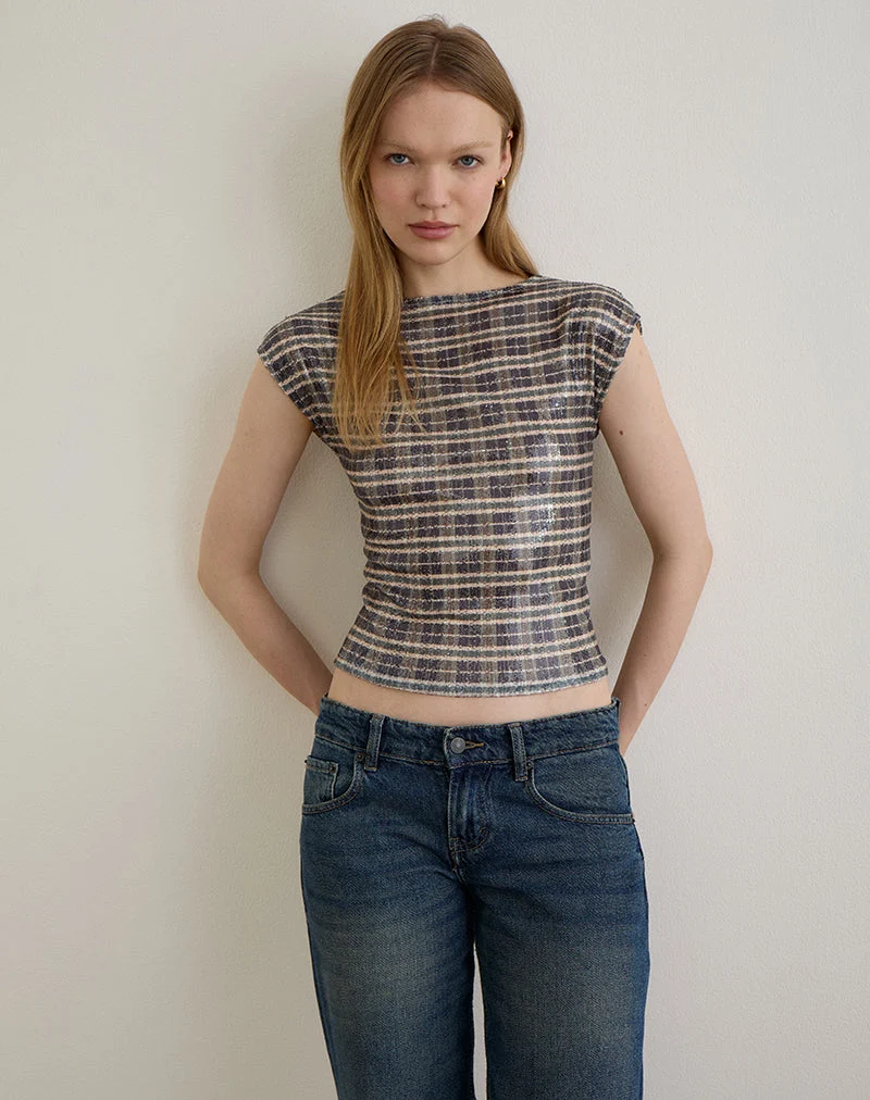 Erica Top aus Pailletten Vintage Check Braun
