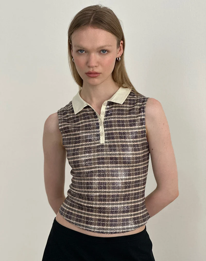Tisuka Poloshirt aus Pailletten im Vintage-Karo Braun