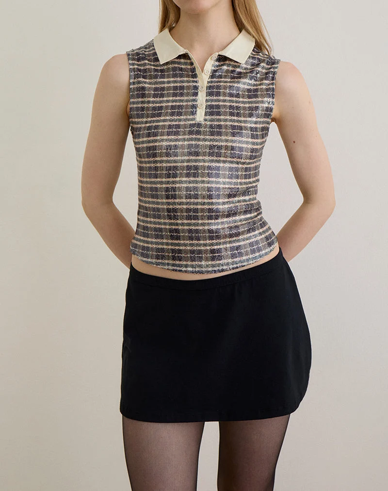 Tisuka Poloshirt aus Pailletten im Vintage-Karo Braun
