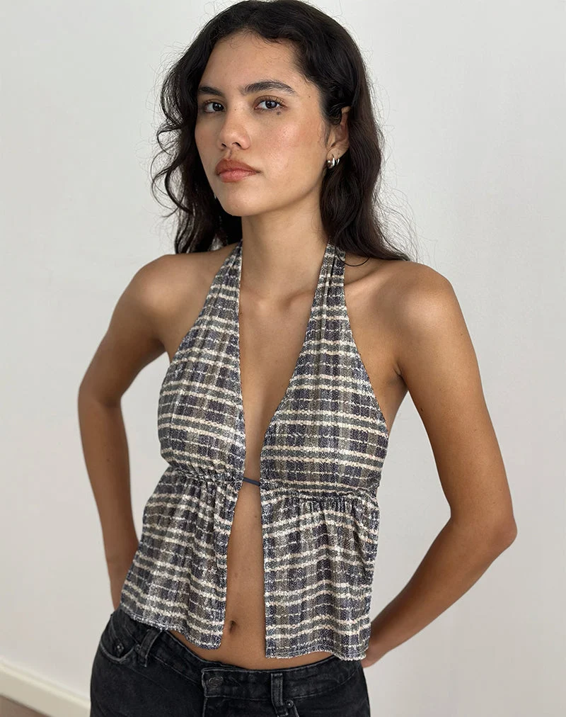 Ramilo Top aus Pailletten Vintage Check Braun
