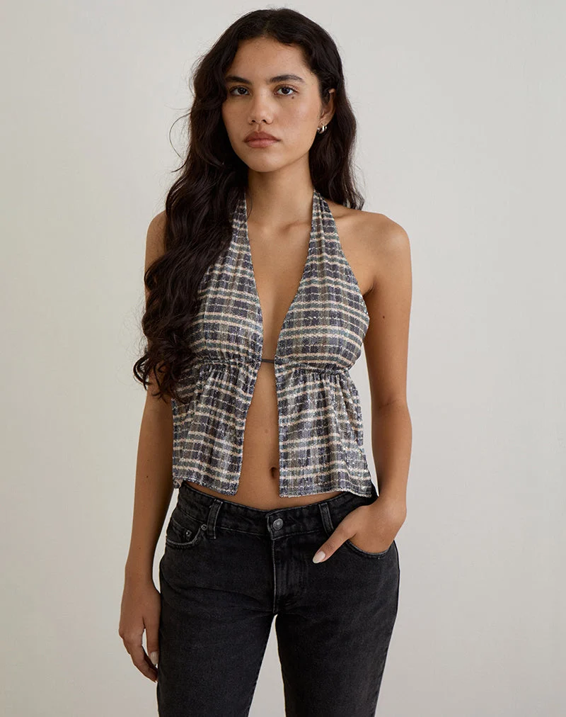 Ramilo Top aus Pailletten Vintage Check Braun