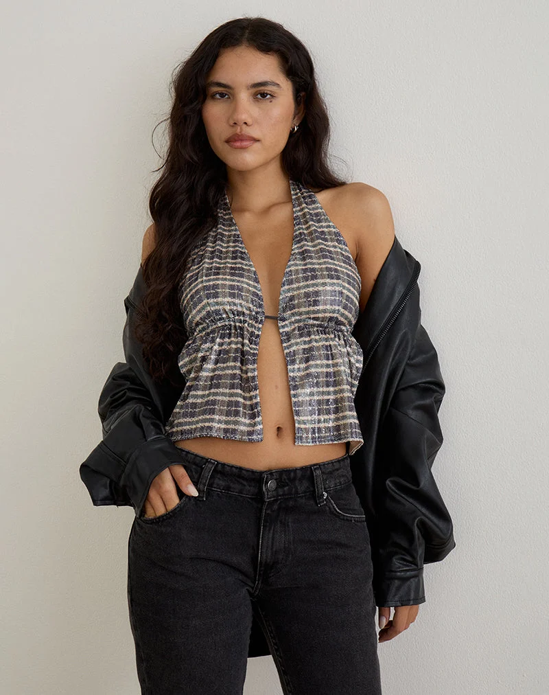 Ramilo Top aus Pailletten Vintage Check Braun