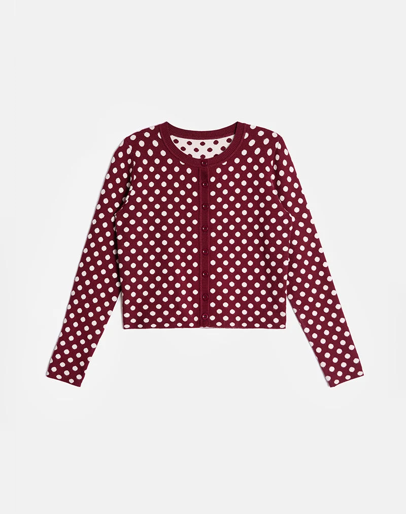 Bhavina Strickjacke in Burgunderrot mit cremefarbenem Polka-Print