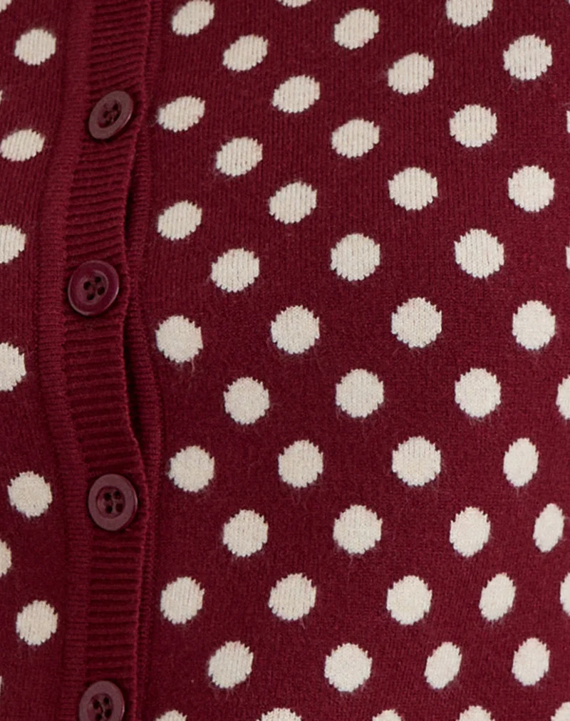 Bhavina Strickjacke in Burgunderrot mit cremefarbenem Polka-Print