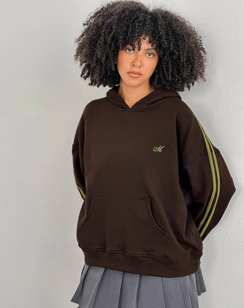 Lingwu Hoodie in Bitterschokolade mit grünem Einband und M-Stickerei