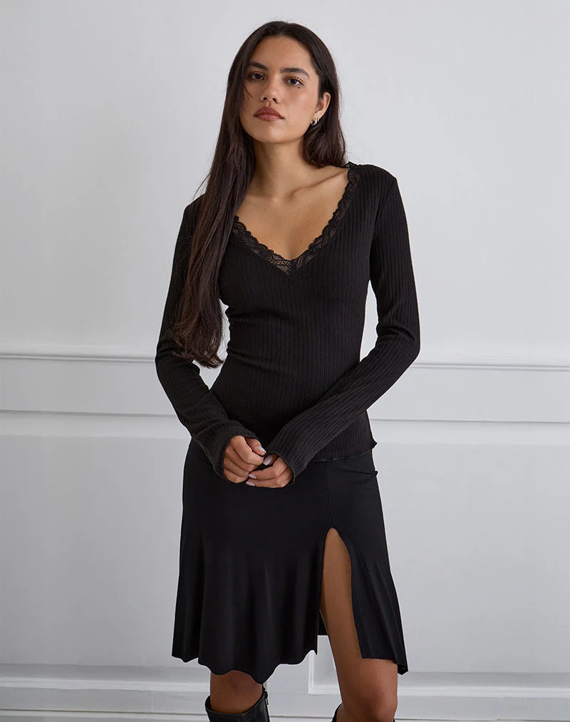 Maivi Langärmeliges Top in Schwarz mit Spitzenbesatz