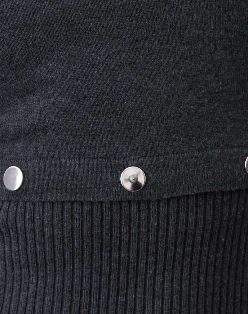 Josa Langarm-Strickoberteil in Dark Charcoal mit Nieten