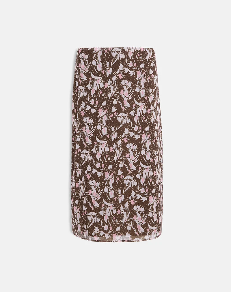 Nimas Midirock aus braunem und rosa Polka-Blumen-Chiffon
