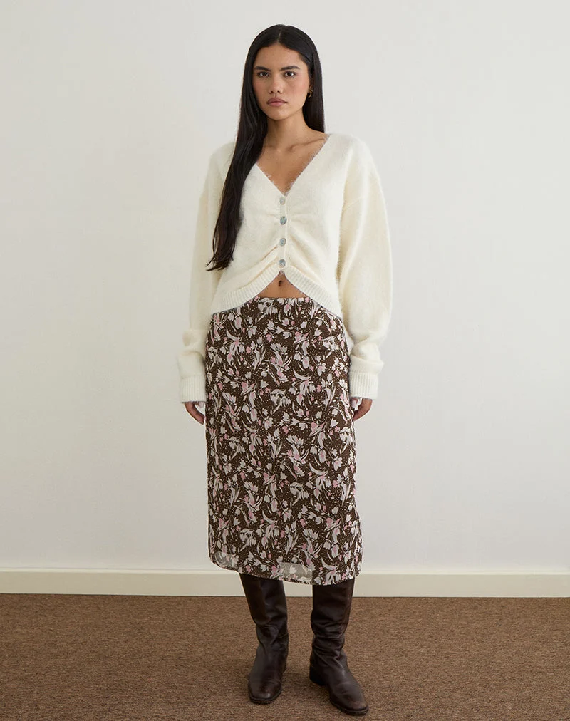 Nimas Midirock aus braunem und rosa Polka-Blumen-Chiffon