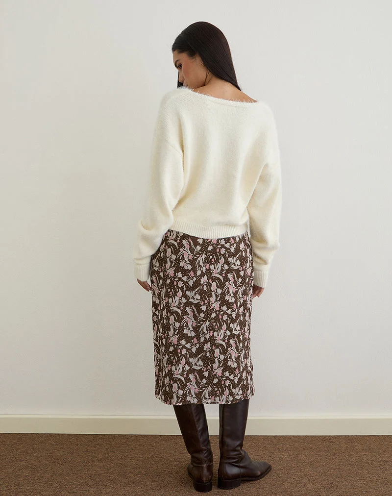 Nimas Midirock aus braunem und rosa Polka-Blumen-Chiffon