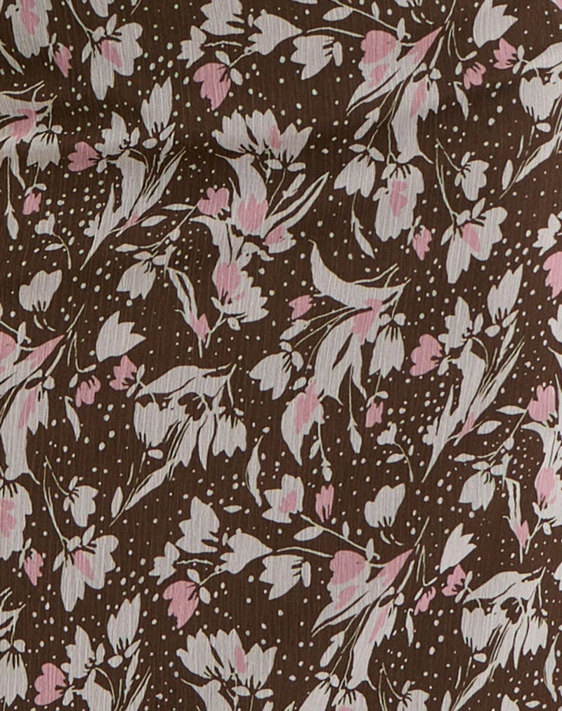 Nimas Midirock aus braunem und rosa Polka-Blumen-Chiffon