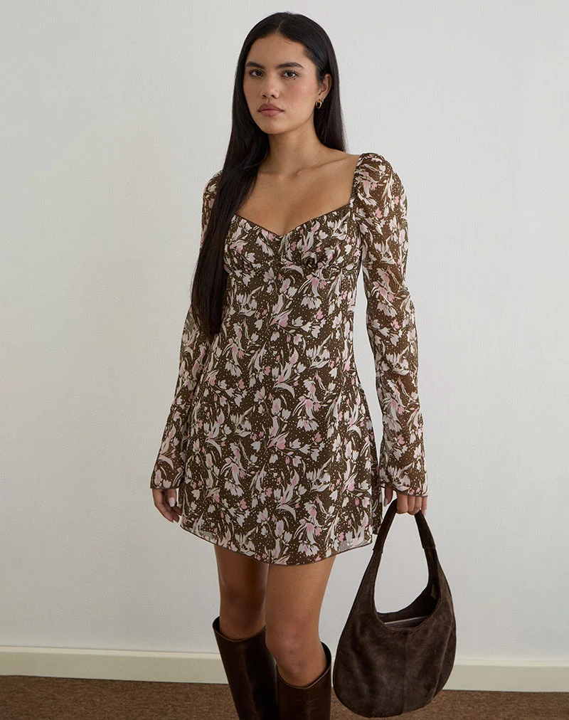 Mariko Kleid aus braunem und rosa Polka-Blumen-Chiffon