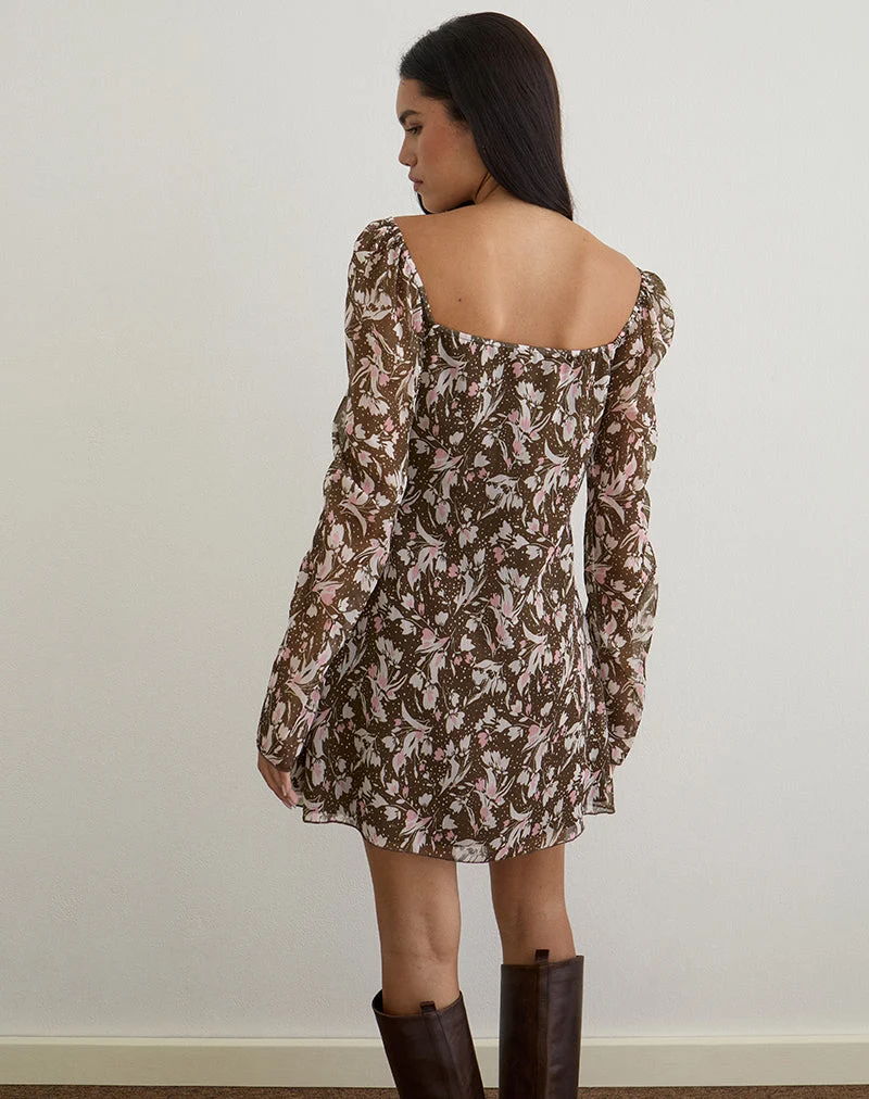 Mariko Kleid aus braunem und rosa Polka-Blumen-Chiffon