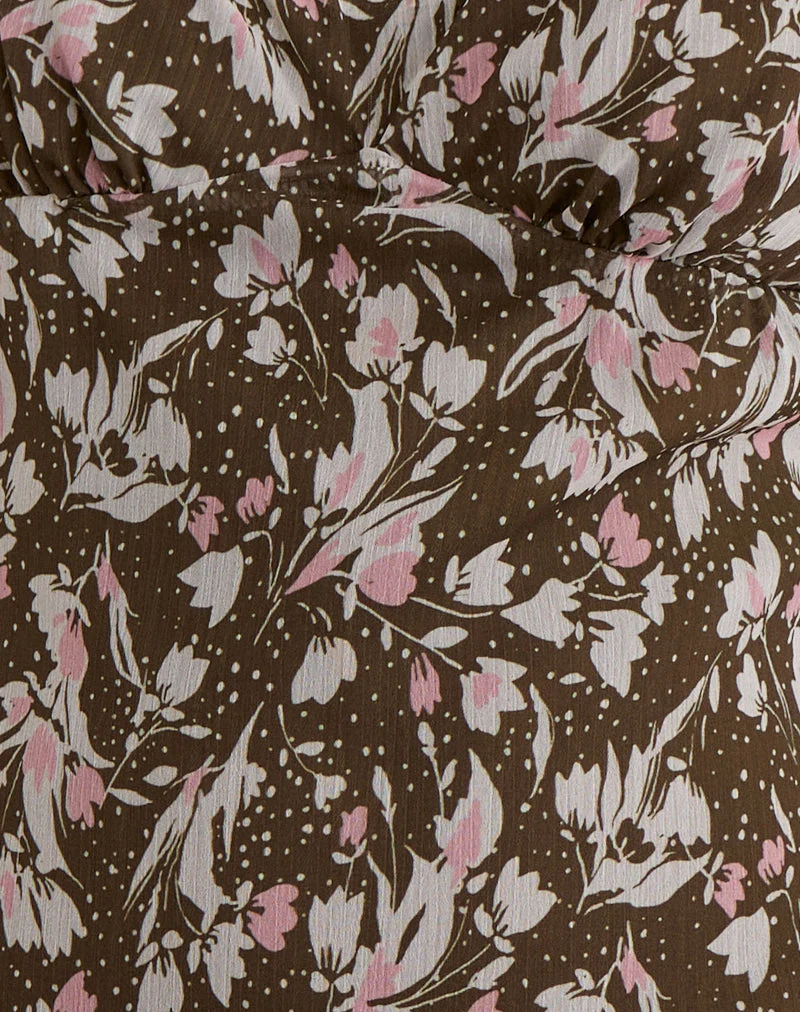 Mariko Kleid aus braunem und rosa Polka-Blumen-Chiffon