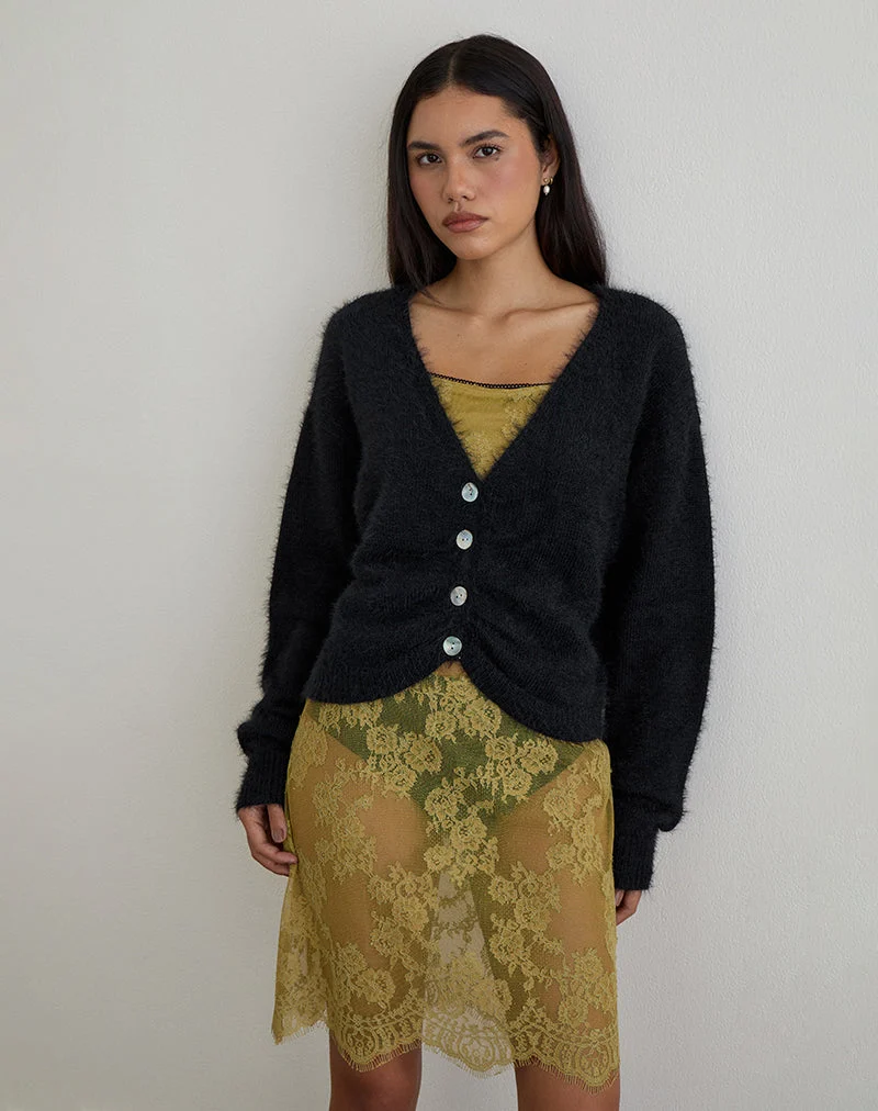 Jiyo Geraffte Strickjacke aus Strick Schwarz