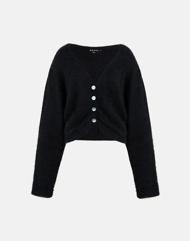 Jiyo Geraffte Strickjacke aus Strick Schwarz
