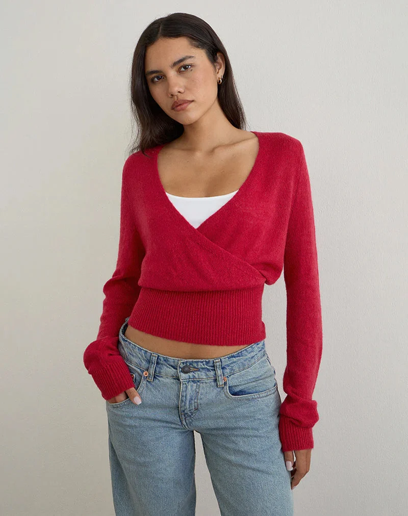 Nilza Wickeloberteil in Rot gestrickt
