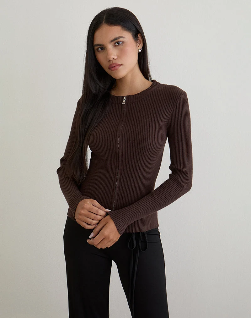 Liano Zip-Cardigan aus Rippenstrick Braun