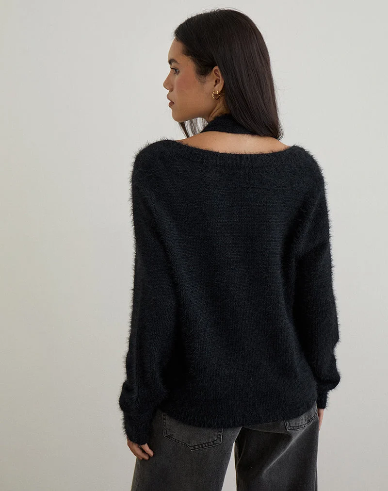 Dikara Pullover mit Schal in Schwarz gestrickt