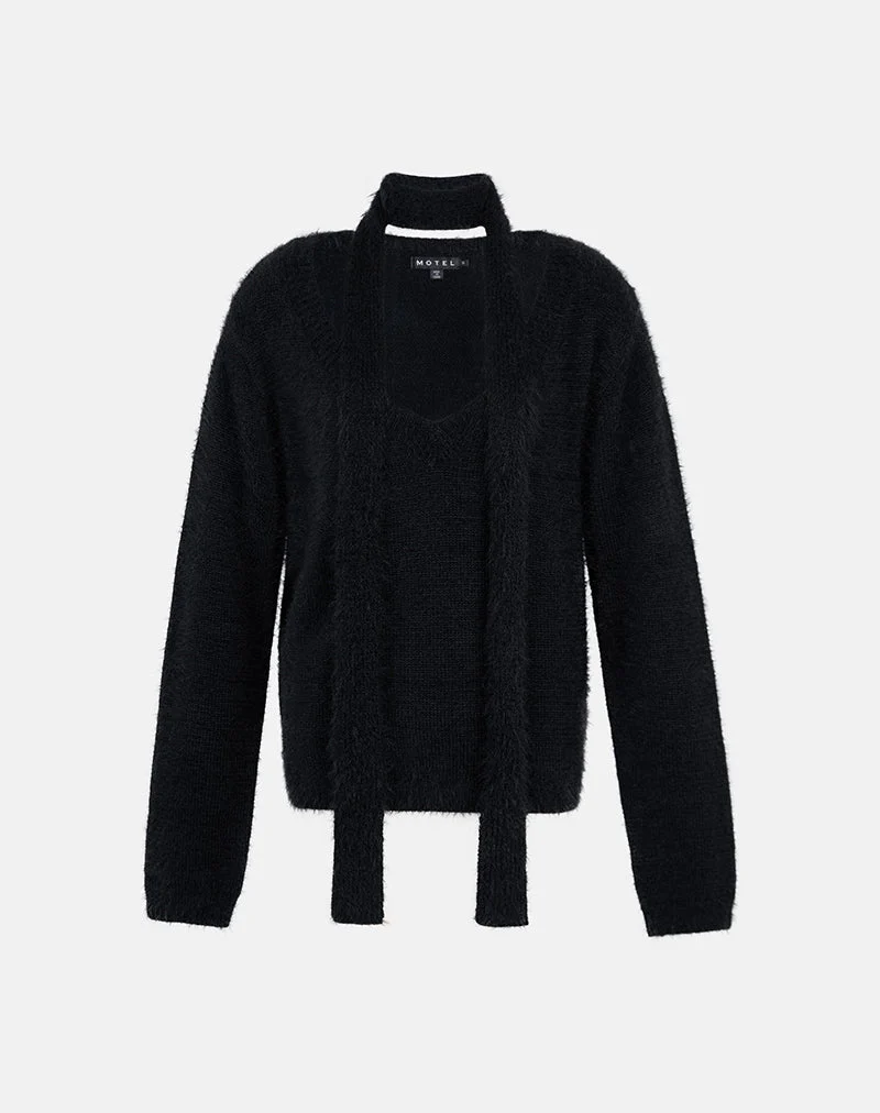 Dikara Pullover mit Schal in Schwarz gestrickt