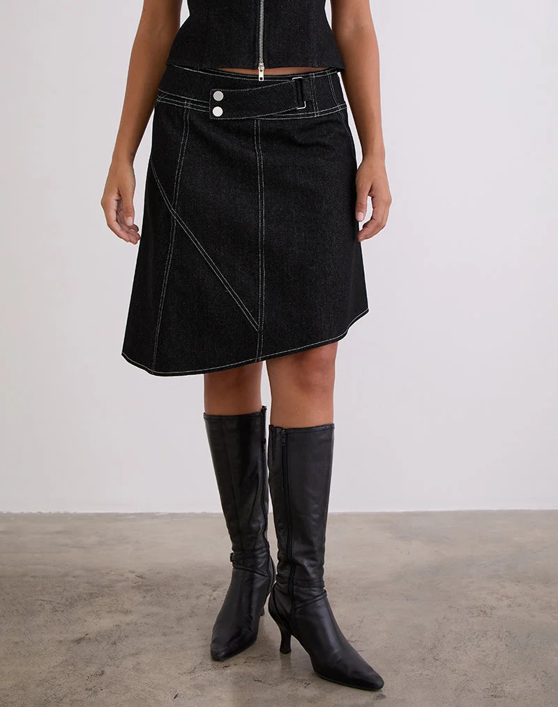 Hayashi Asymmetrischer Midirock aus Denim mit schwarzer Waschung