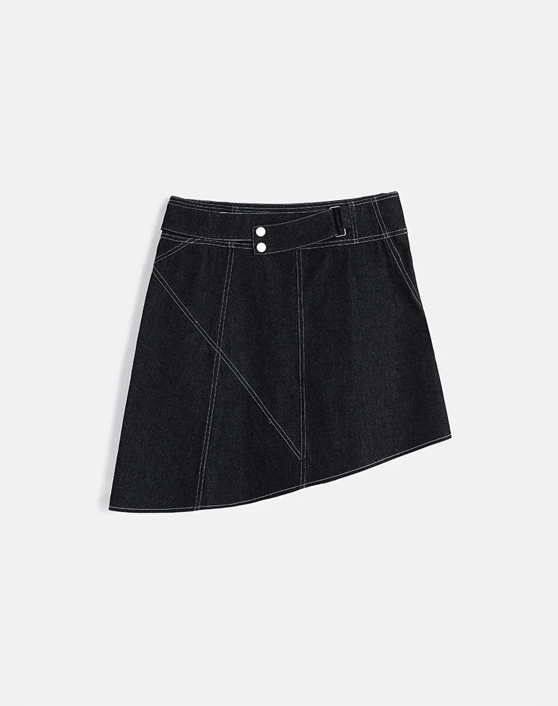 Hayashi Asymmetrischer Midirock aus Denim mit schwarzer Waschung