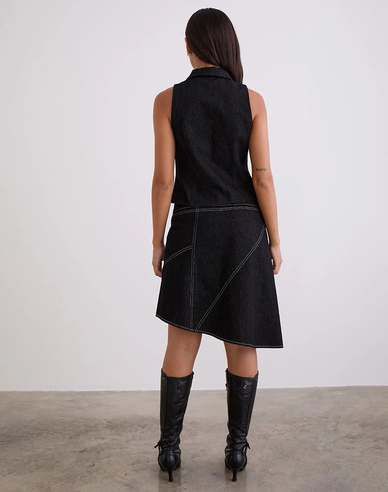 Hayashi Asymmetrischer Midirock aus Denim mit schwarzer Waschung