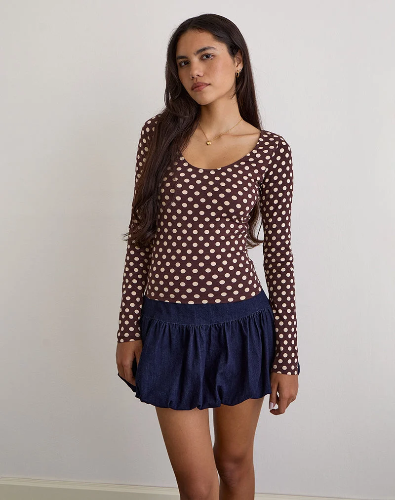 Rumini Langarm-Top in Braun mit kleiner Polka-Creme