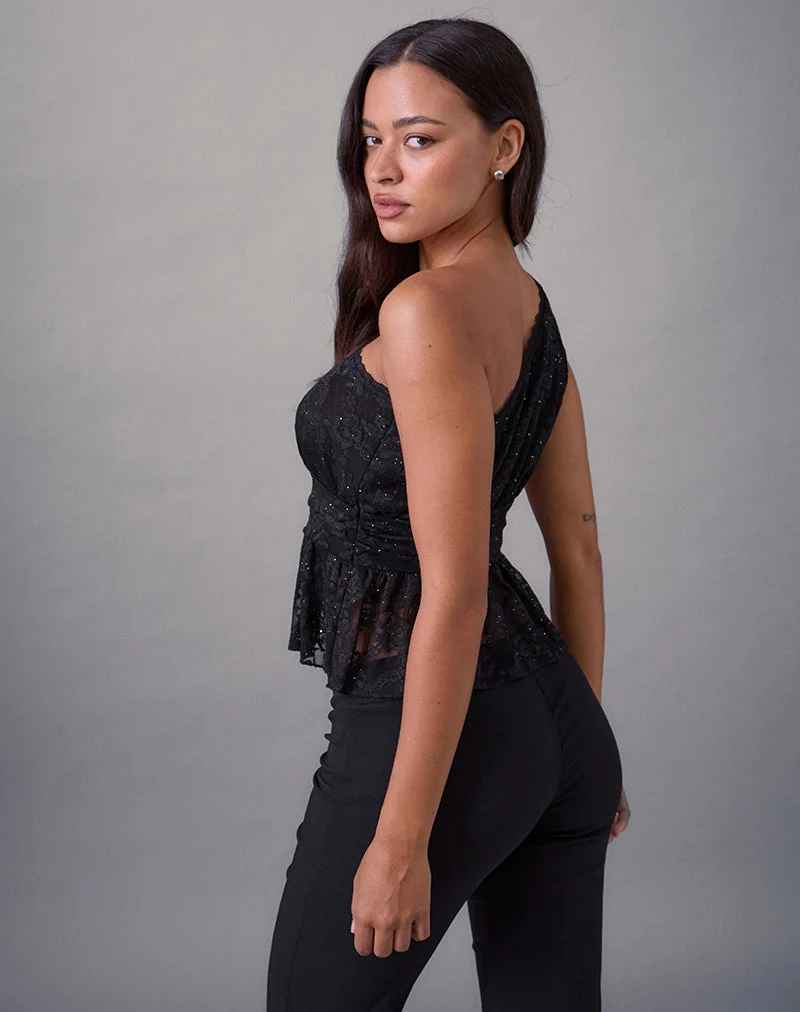 Sayong One Shoulder Top aus floraler Spitze Schwarz