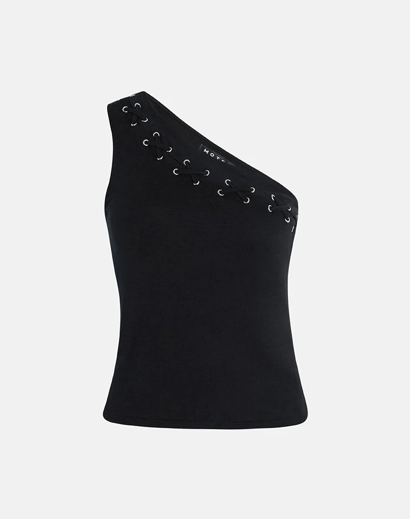 Chivago Cross Lace Up One Shoulder Top aus Jersey Schwarz
