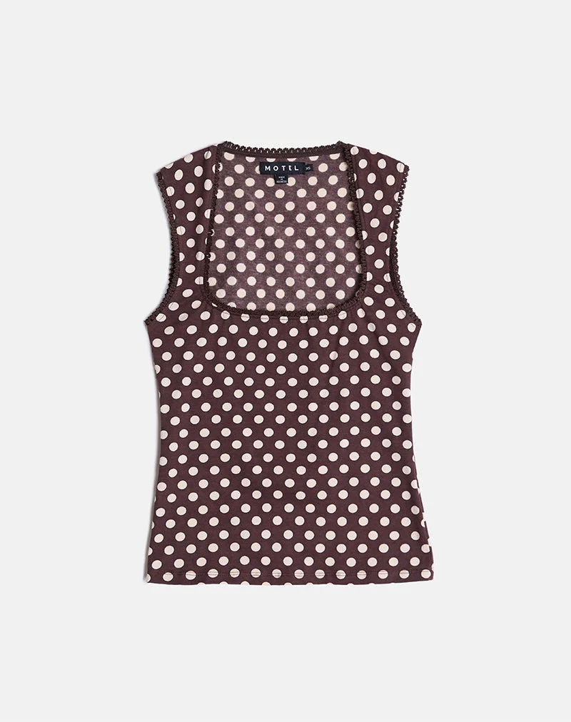 Jinalo Sweetheart Top in Braun mit kleinen cremefarbenen Polka-Prints