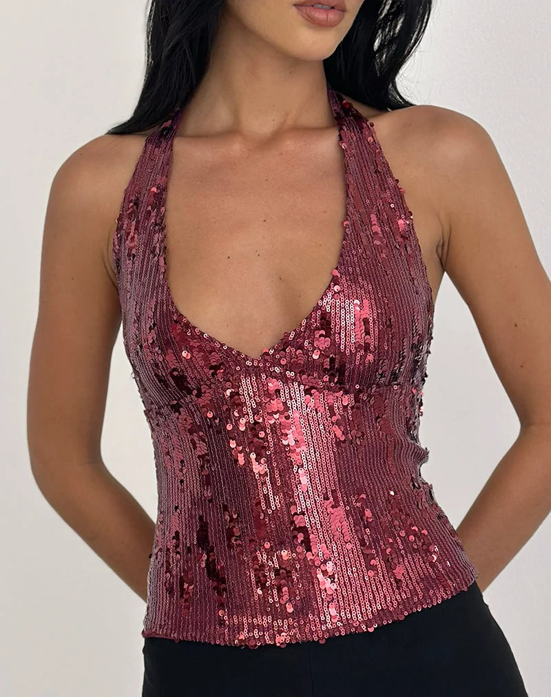 Cosio Neckholder-Top in Mix Pailletten Maroon