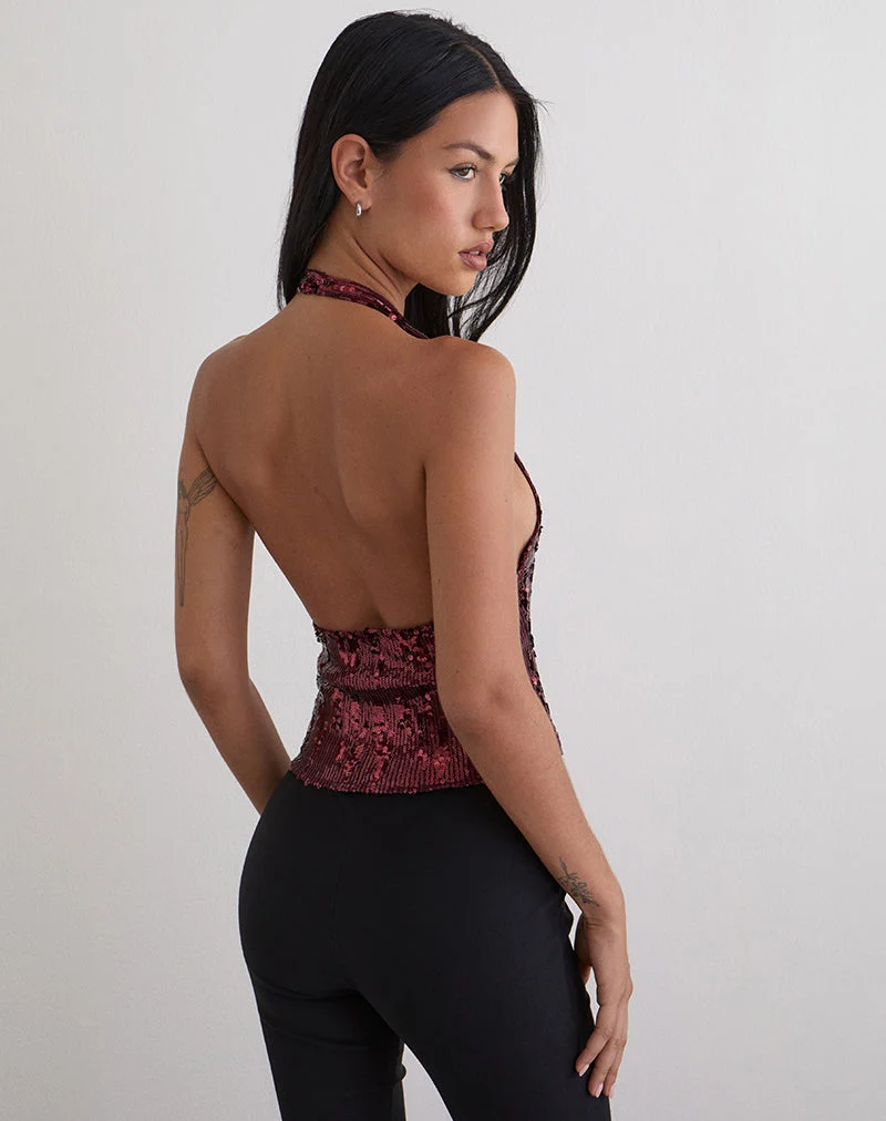 Cosio Neckholder-Top in Mix Pailletten Maroon