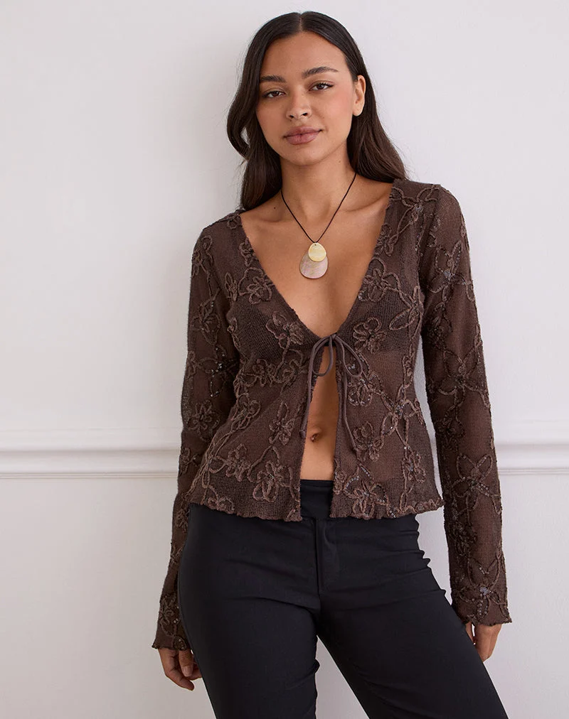 Sukita Strickjacke aus Paillettenstrick Dunkelbraun