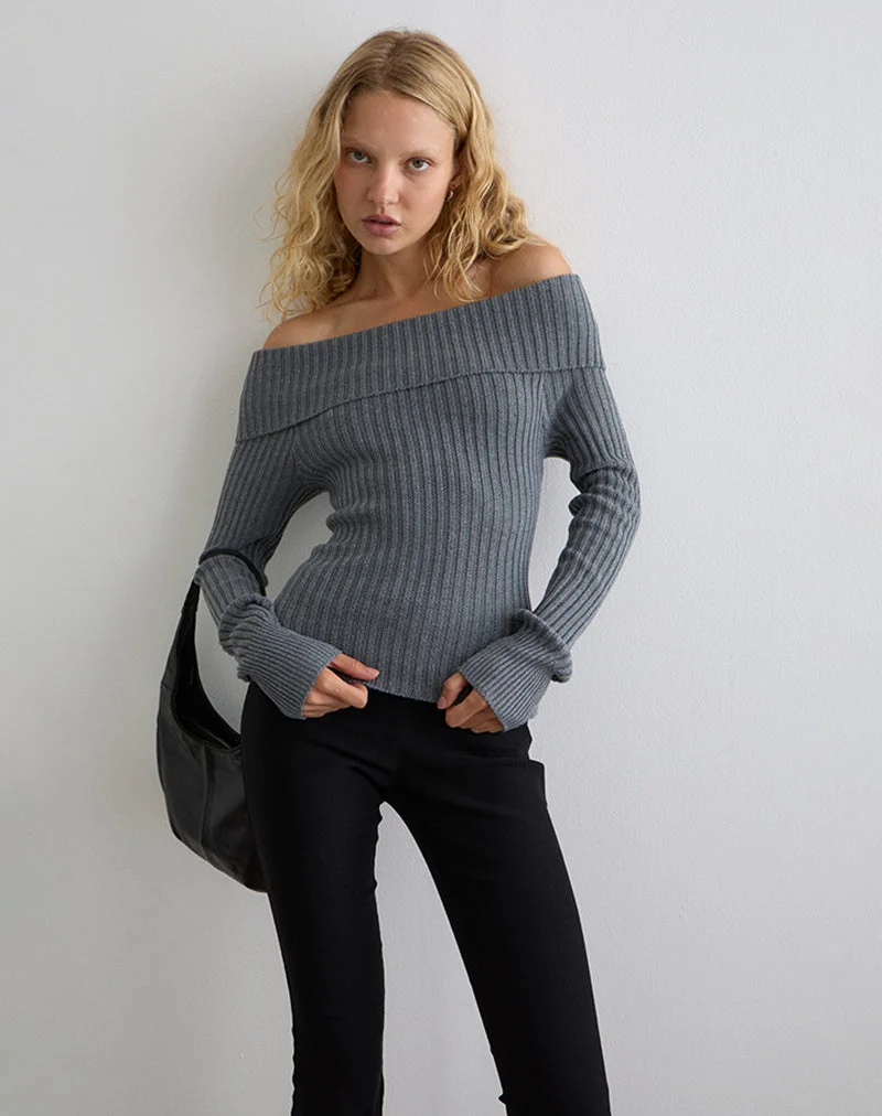 Circe Gestricktes Bardot-Top in Grau