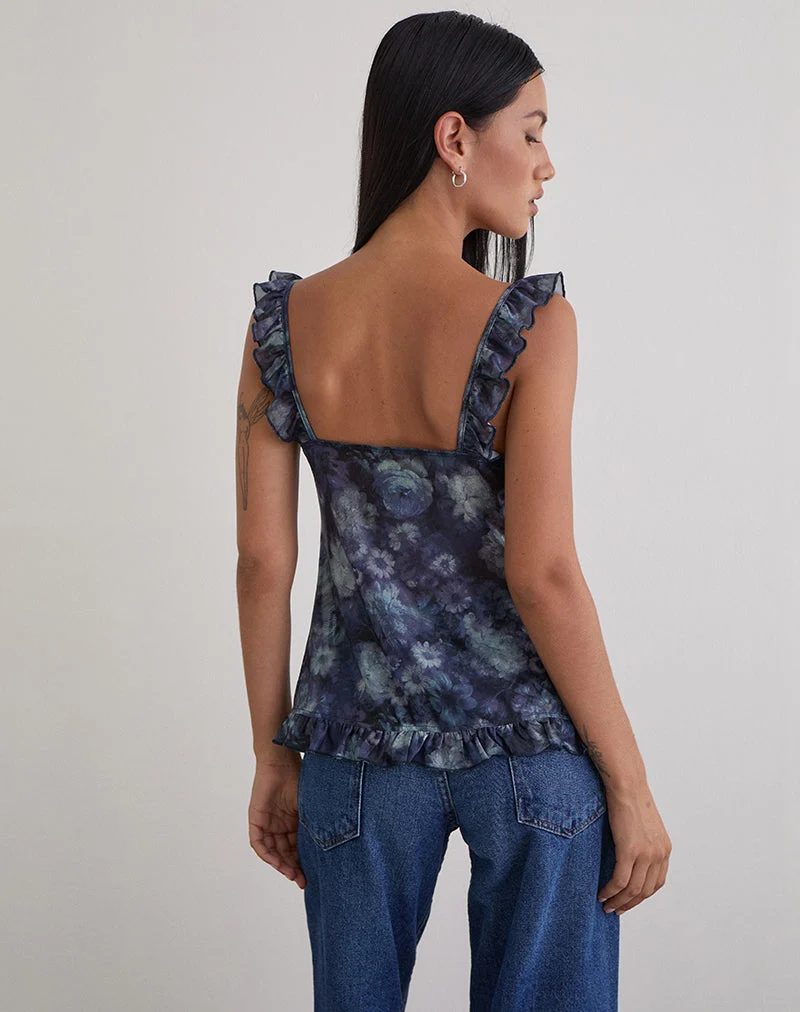 Jibola Top aus Mesh Arty Flowers Dunkelblau