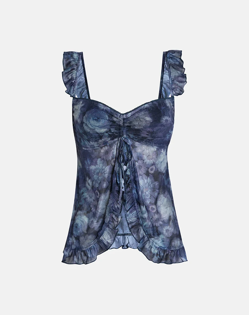 Jibola Top aus Mesh Arty Flowers Dunkelblau