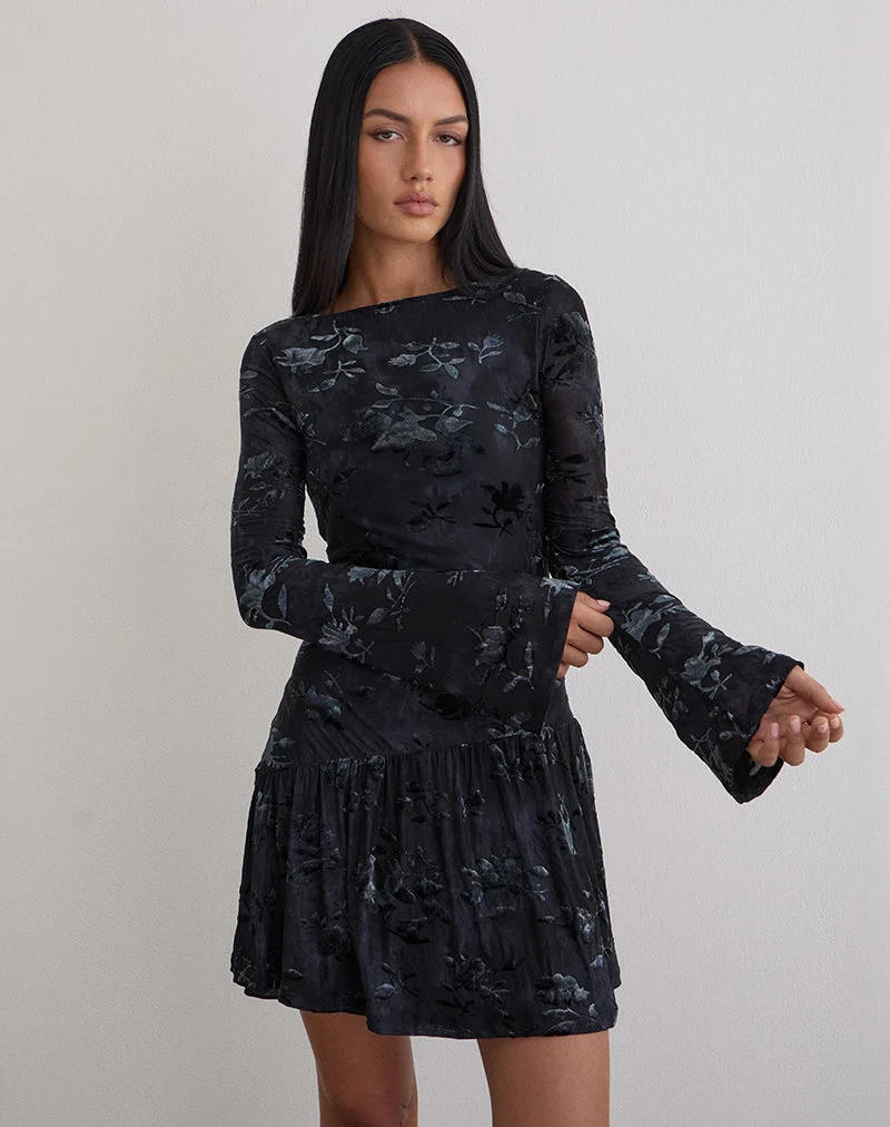 Anyeli Minikleid aus Blattsamt Dunkelblau