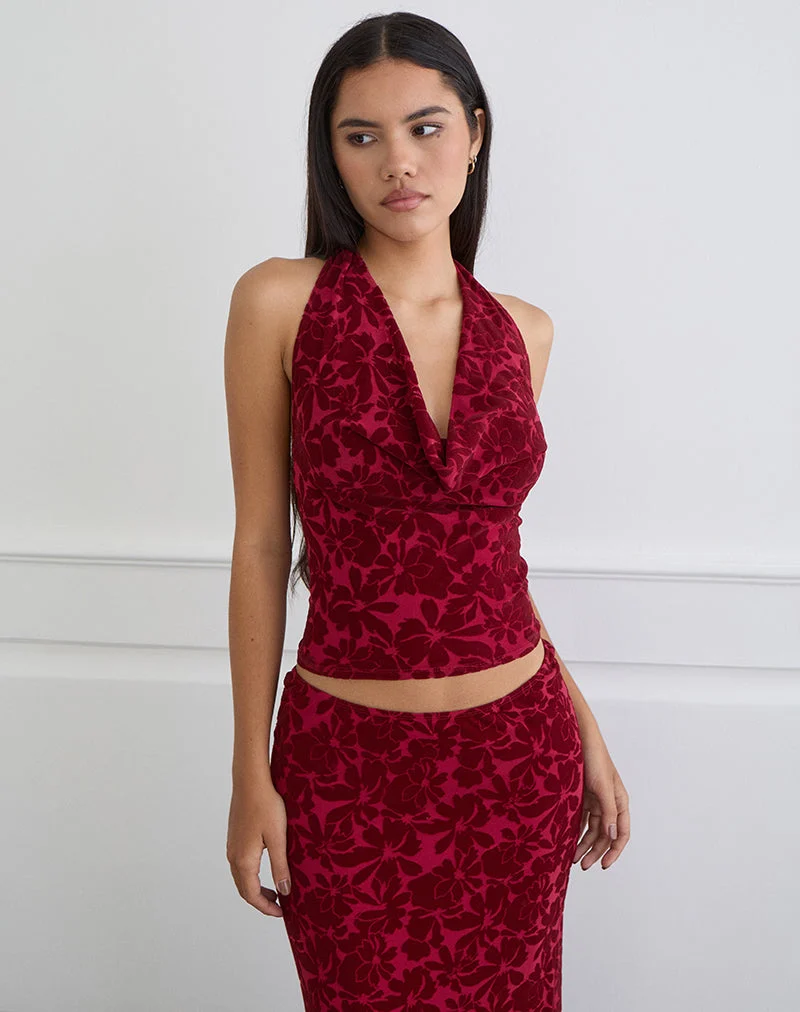 Clandy Cowl Top aus beflocktem Mesh Flower Cherry