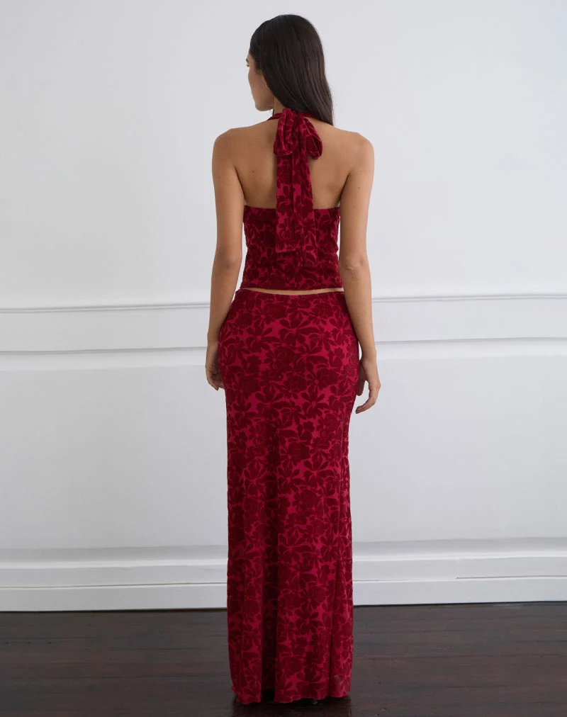 Alfreda Maxirock aus beflocktem Mesh Flower Cherry