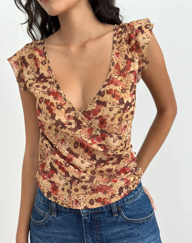 Heidi Wickeltop aus Chiffon mit rostiger Blume