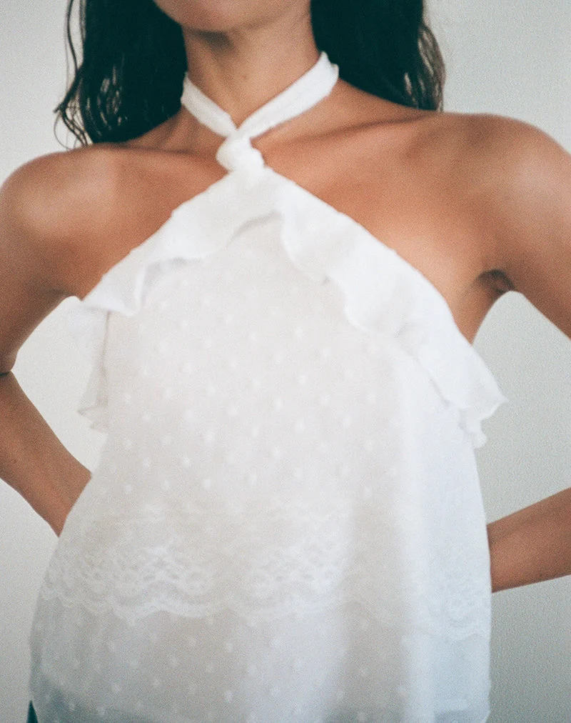Uran Neckholder-Top aus Dobby-Chiffon-Spitze Weiß