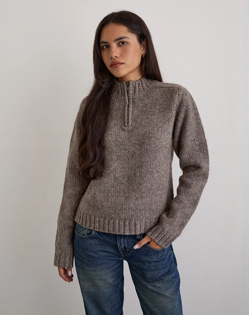 Lamara Quater Zip Pullover in Dunkelbraun Marl