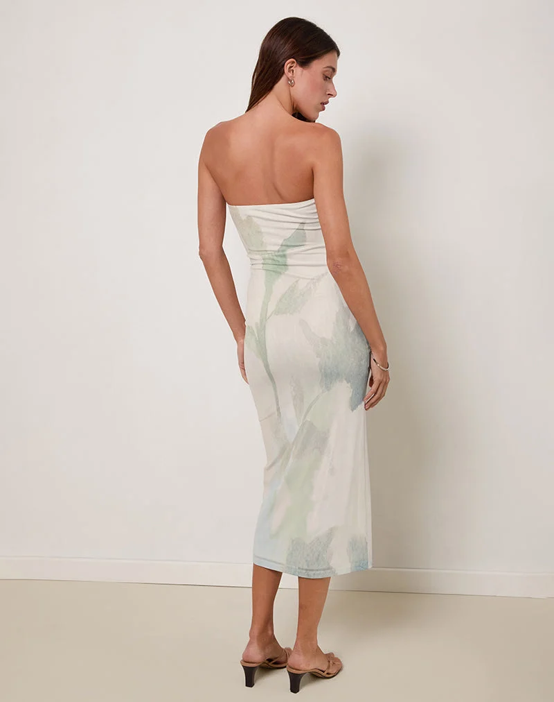 Rosbandi Bandeau-Midikleid aus abstrakter gemalter Blume in Blau