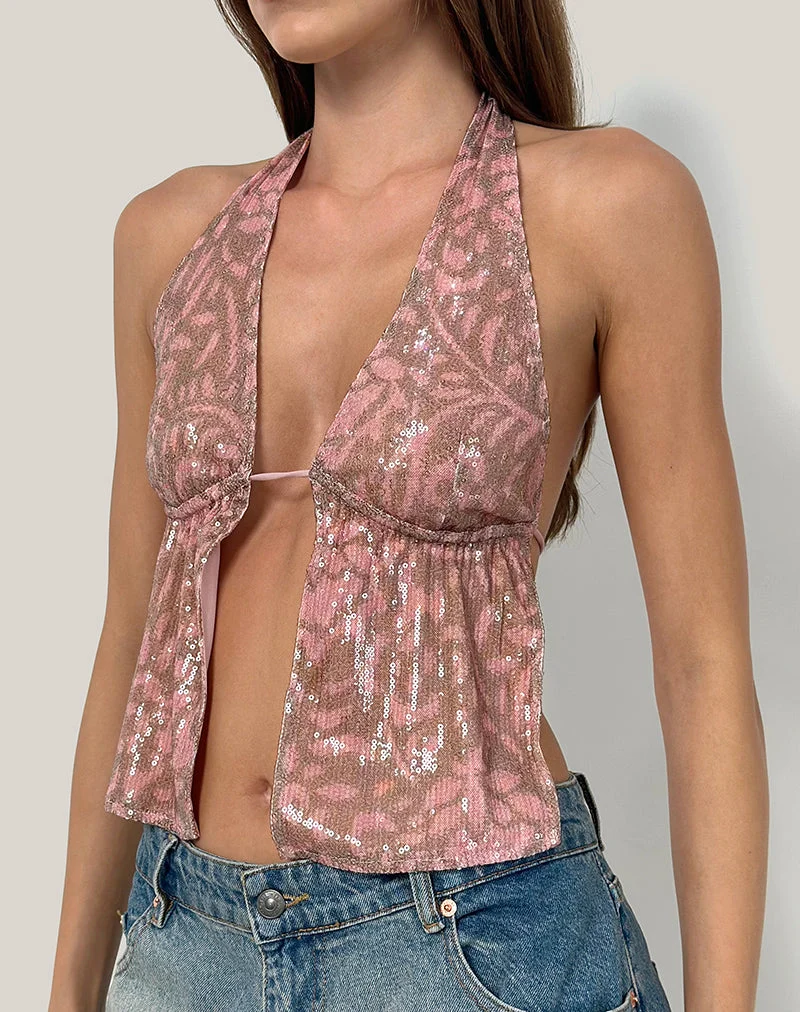 Rokudo Neckholder-Top in Boho Batik Pailletten Rosa