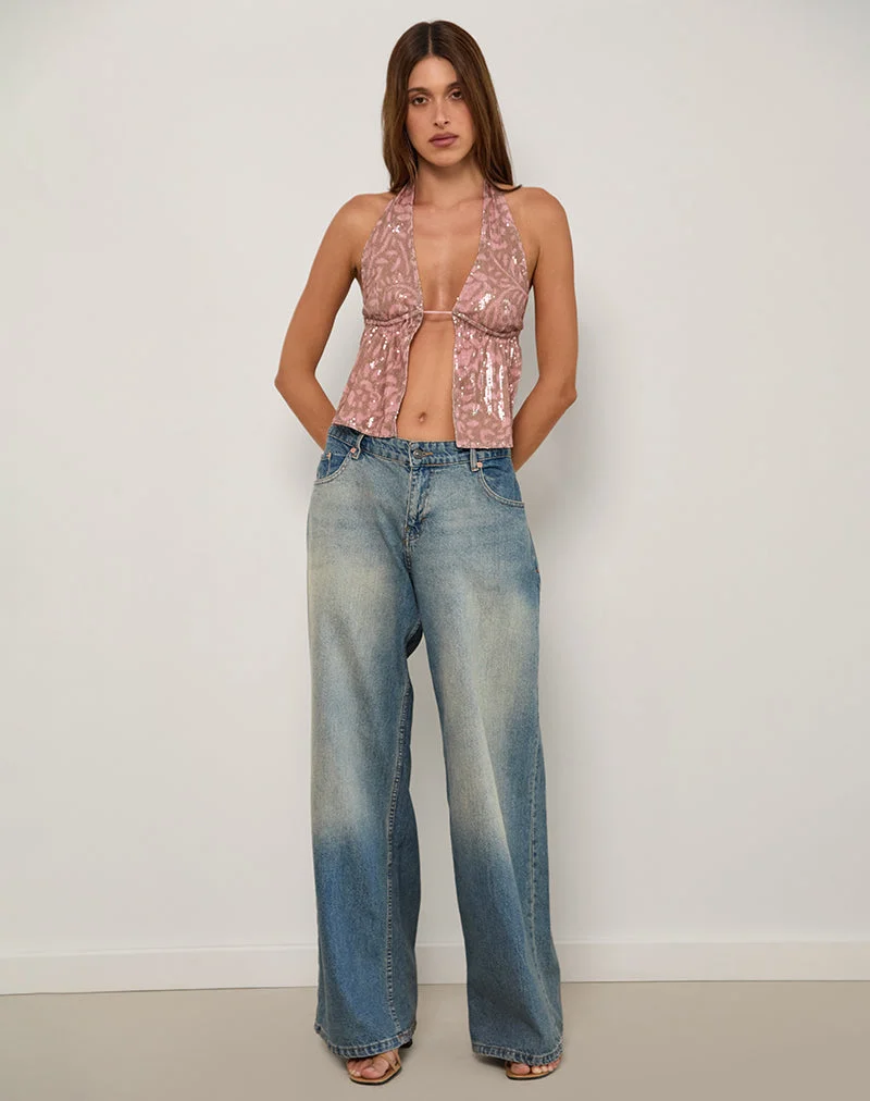 Rokudo Neckholder-Top in Boho Batik Pailletten Rosa
