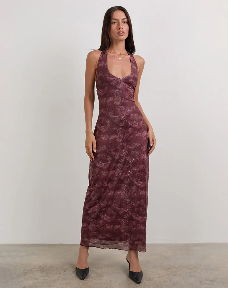 Datari Maxikleid aus Mesh Tonal Paisley Pflaume
