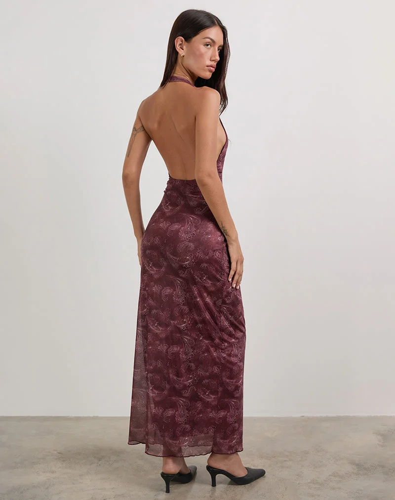 Datari Maxikleid aus Mesh Tonal Paisley Pflaume